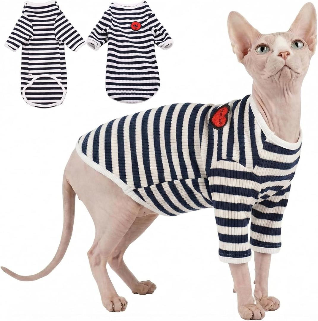 DENTRUN Hairless Cats Shirt Breathable Cat Daily Wear Clothes Stripe Vest Adorable Pajamas Jumpsuit Soft & Skin-Friendly, XL