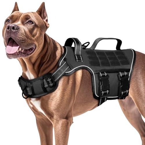 Dog Harness for Large Dogs Heavy Duty, No Pull Tactical Dog Harness with Molle System, Easy On and Off Service Dog Vest, Breathable Padded, Adjustable Reflective Pet Vest for Walking Hiking Training, XL,Black