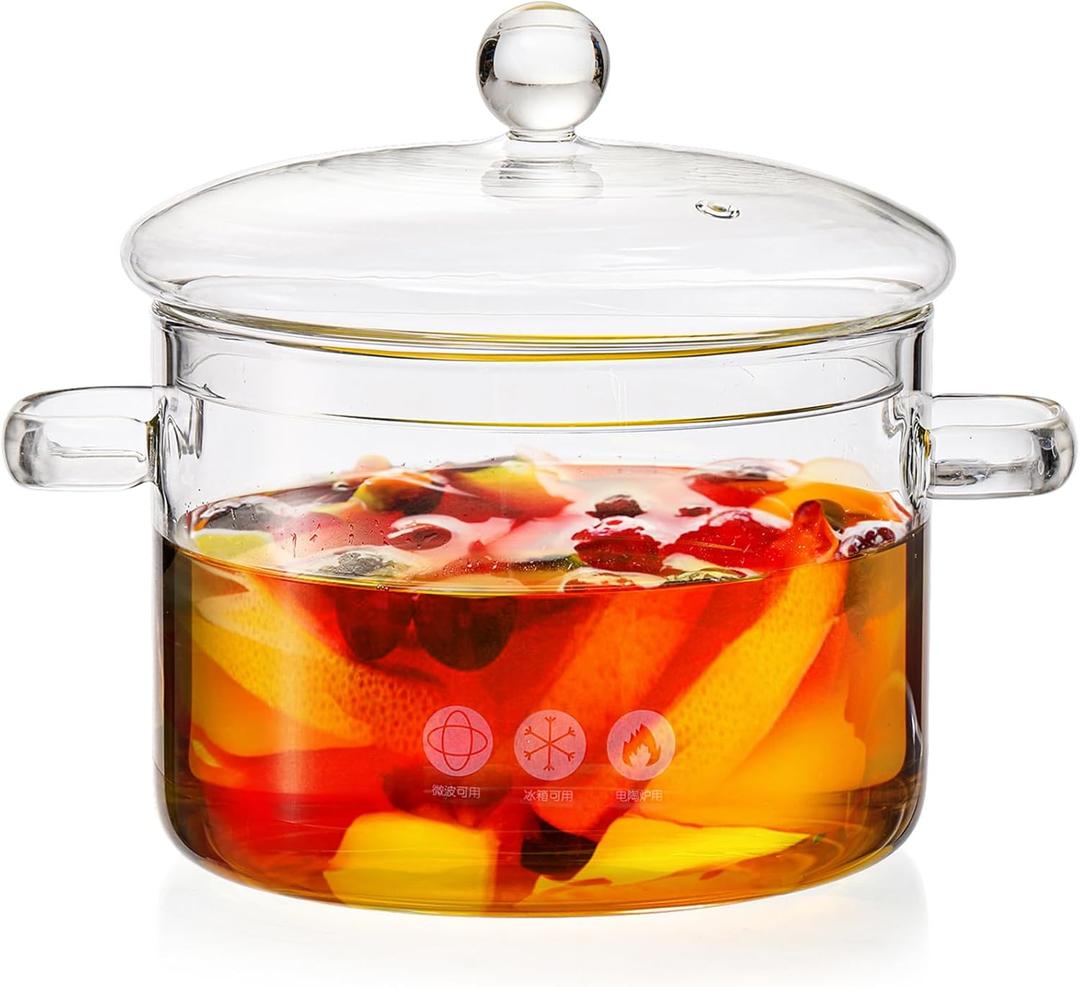 TOPZEA Glass Saucepan with Cover, 2L/ 67oz Heat-resistant Clear Glass Simmer Pots Cookware, Stovetop Cooking Pot and Pan with Lid & Handle Safe for Pasta Noodle, Soup, Milk, Salad, Christmas Potpourri