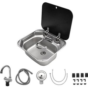 Portable RV Kitchen Sink 16.54"14.57", Premium Stainless Steel Drop-in Bar Sink with Foldable Faucet & Tempered Glass Cover, Space-Saving Camper Trailer Sink Kit, 16.5414.575.91 Inch