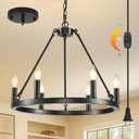 DIMMABLE Wagon Wheel Plug in Chandelier 6-Light, 20.5" Black Round Farmhouse Pendant Light Fixture with Cord, Height Adjustable Industrial Hanging Light, Outdoor Ceiling Light for Dining Room