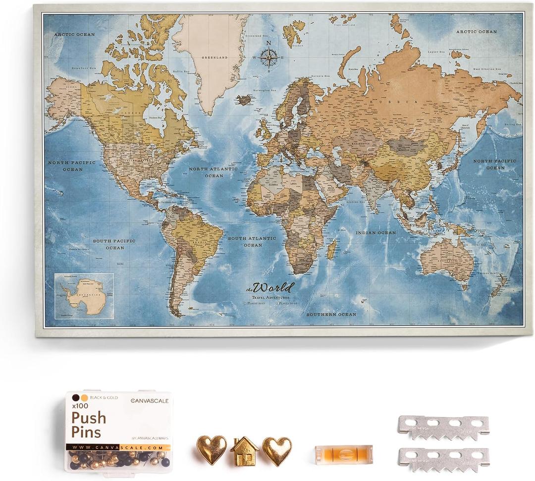 Canvas World Map with Cork Pin Board - English Lettering - Decorative Wall Decoration for All Rooms - Canvas Pictures with World Map Motif (90x60 cm, Pattern 15)