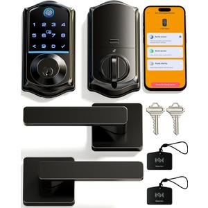 Veise VE017-B Fingerprint Smart Lock for Front Door, App Control, 8-in-1 Keyless Entry Deadbolt with 2 Zinc Alloy Lever Handles Set, Emergency Power Port, Auto Lock, Electronic Keypad, Black