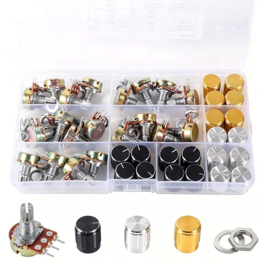 80pcs WH148 Potentiometer Kit, Single Linear B Type Rotary Taper Potentiometer with Aluminum Knobs & Washers & Nuts, B5K B10K B20K B50K B100K Ohm for Audio Volume Control, Guitar, Amplifier, DIY