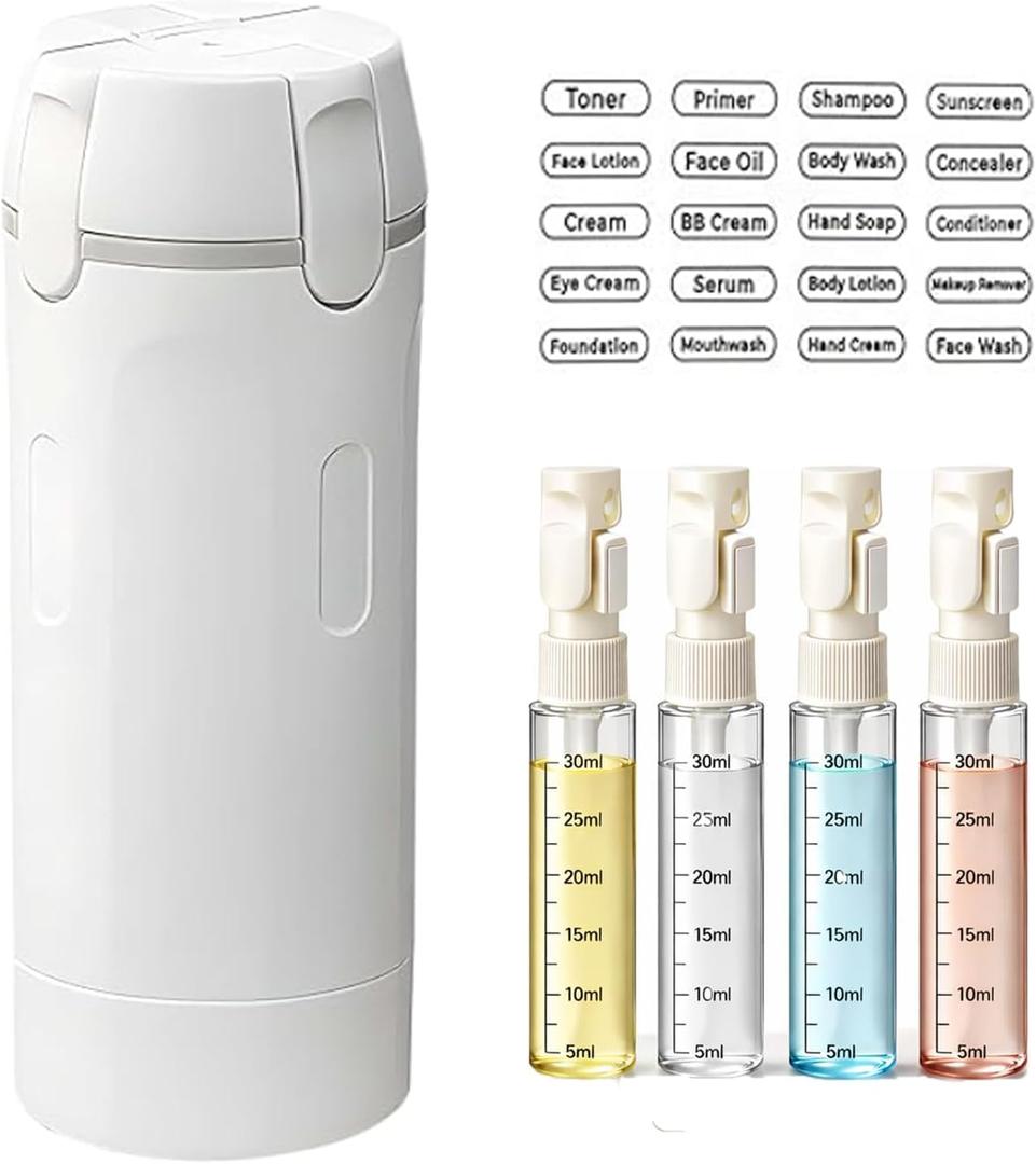 4 in 1 Travel Dispenser Bottle, Press to Dispense 30ML Refillable Container | Travel Bottles for Toiletries with Labels, Leakproof TSA Carry On Size Pump Bottles for Shampoo, Lotion, Conditioner & Cream