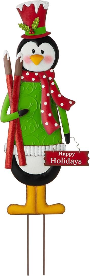 glitzhome GH30554R1 Christmas Yard Signs Decorations Outdoor Metal Penguin Garden Stakes for Xmas Holiday