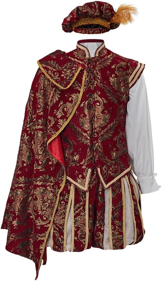 Willyacos Men's Tudor Elizabethan Period Costume Royal Pince Tudor King Costume Nobleman Costume Vest Pants Hat Cape (Medium, Red)
