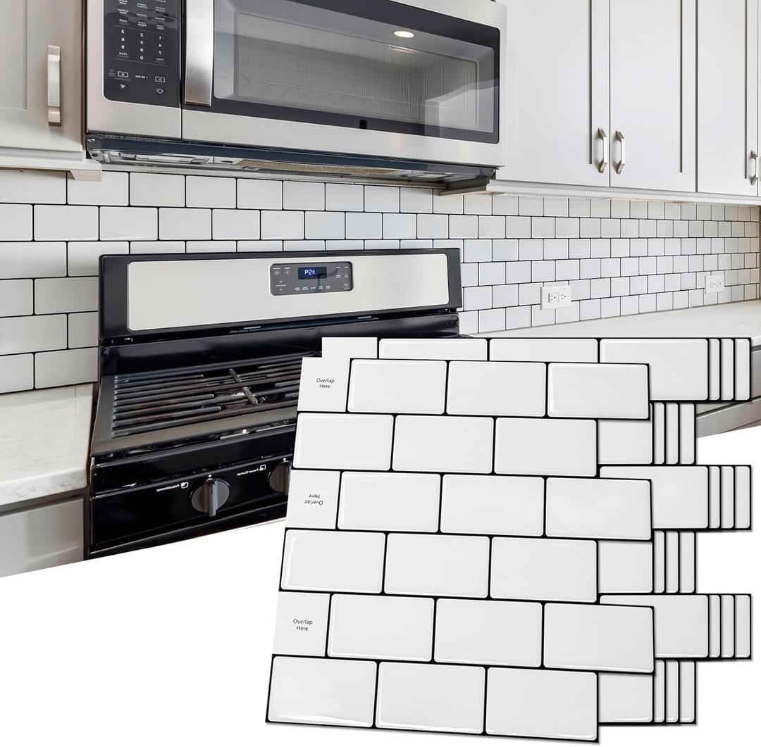 Art3d 10-Sheet Backsplash Tile for Kitchen Peel and Stick, 12"x12" Stick on Subway Tiles for Kitchen, Bathroom Back Splashes, White-Black Grout (12x12 Inch)