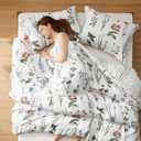 Bedsure Floral Queen Comforter Set 3-Piece Reversible Bedding Set, Coquette Aesthetic Coconut White Botanical Flower Print & Green Striped Pattern for Women Girls