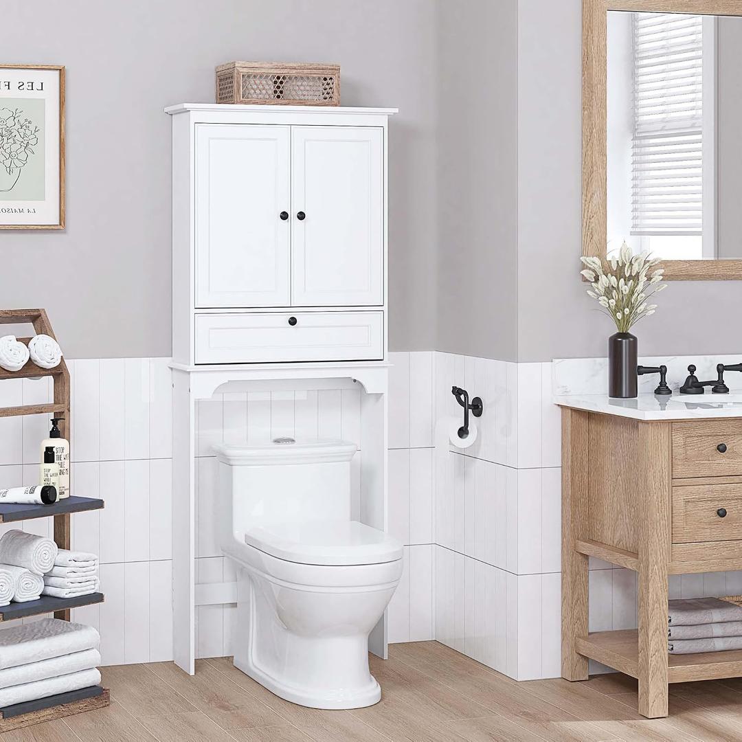 Spirich Over The Toilet Storage Cabinet, Bathroom Above Toilet Storage Cabinet with Doors and Adjustable Shelves, White, 27.3" X 7.87" X 65.12"