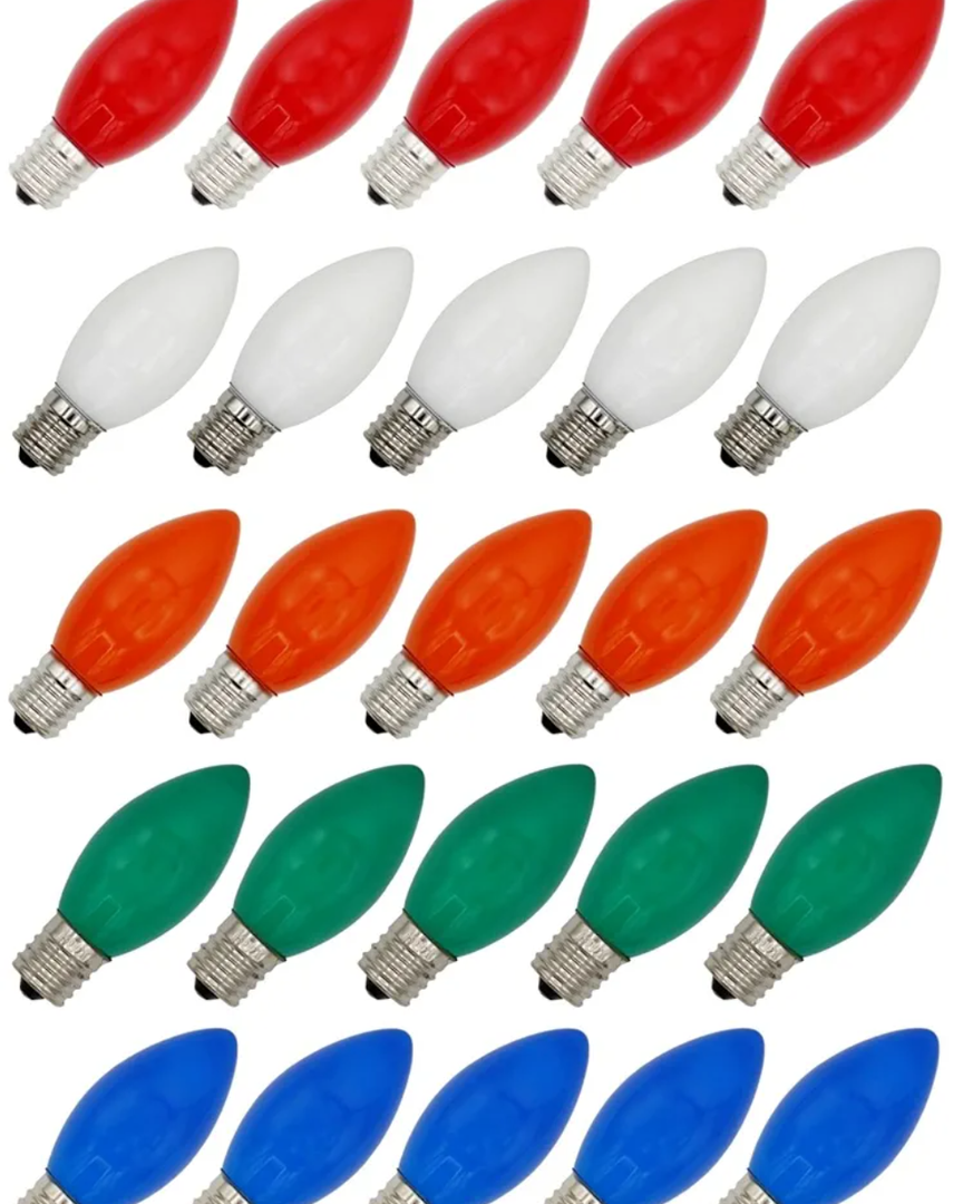 Creative Hobbies 25 Pack C9 Multicolor Christmas Light Bulbs - 7W Steady Burning Incandescent, Ceramic Multicolor, Nickel Plated E17 Base, Extended Life