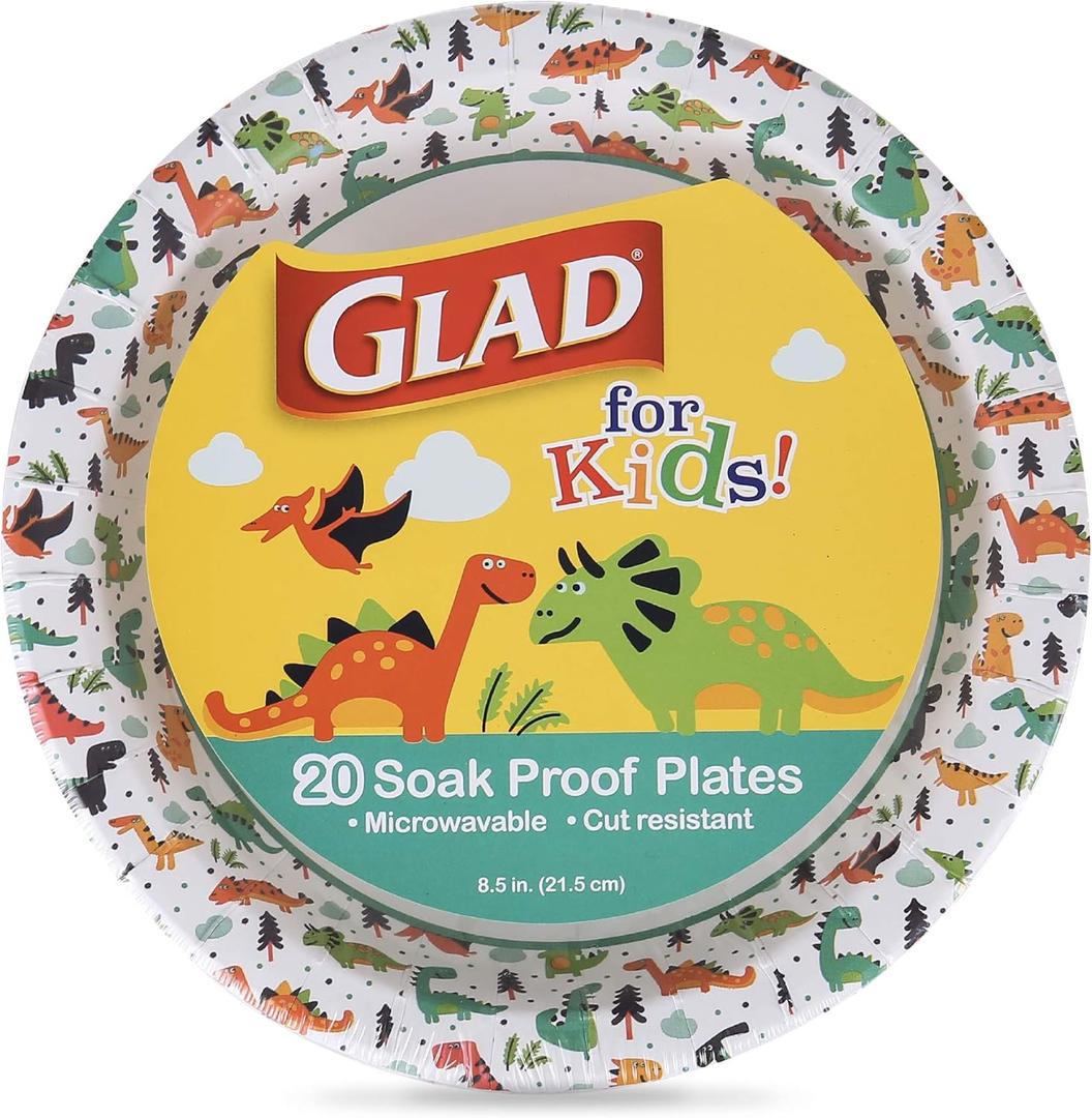 Glad for Kids Dinosaur Theme Disposable Paper Plates, Heavy Duty Soak-Proof Microwave Safe Round Plates for Kids Birthdays, Parties, and Everyday Meals, 8.5 Inch, 20 Count (Multicolor)