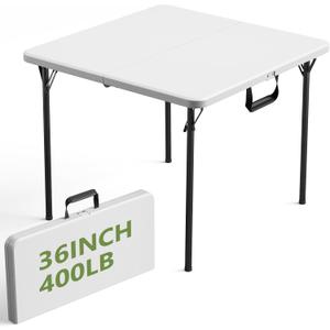 36" Folding Table, Portable Square Folding Card Table with Carrying Handle, Heavy Duty Plastic Foldable Event Table for Camping, Picnic, Party, Crafting, Outdoor and Indoor Use, White, 36inch-1 Pack