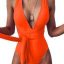 Lilosy Sexy Tie Criss Cross Plunge One Piece Thong Swimsuit High Cut Brazilian Bathing Suit (Medium, Orange)
