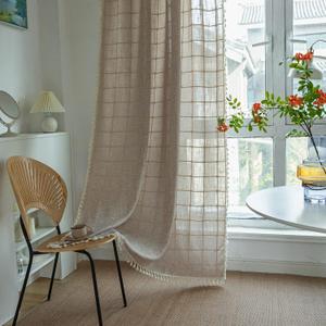 Deeprove Boho Curtains 84 Inches Long for Bedroom, Cotton Linen Light Brown Plaids Embroidery Semi Blackout Bohemian Aesthetic Window Treatment Grids Drape Tassels, 1 Panel W52 x L84 Tan