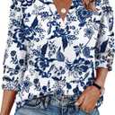 WIHOLL 3/4 Length Sleeve Womens Tops with Button Cuffs Dressy Casual V Neck Summer Outfits Early Fall Fashion Spring Clothes (Blue, XXXL)