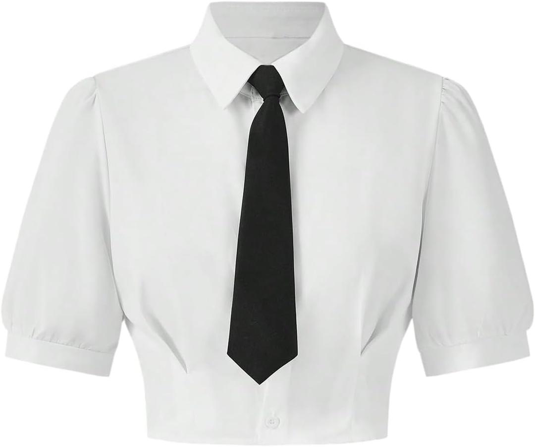 SweatyRocks Women's Puff Short Sleeve Collar Shirt Button Down Crop Blouse Top with Tie White X-Small