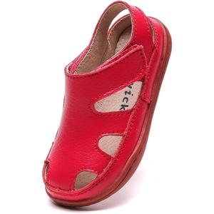 DADAWEN Boy's Girl's Leather Soft Closed Toe Outdoor Beach Summer Sport Sandals Water Shoes (Toddler/Little Kid/Big Kid) (Red) 8.6