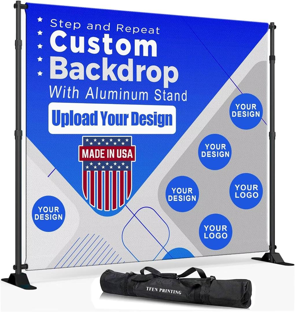 Custom Backdrop with Stand | Custom Step and Repeat -Made in USA- 8ft x 8ft Wrinkle-Free Non-Glare Fabric,with Thick Heavy Duty Aluminum Stand (Included) Personalized backdrops for Events