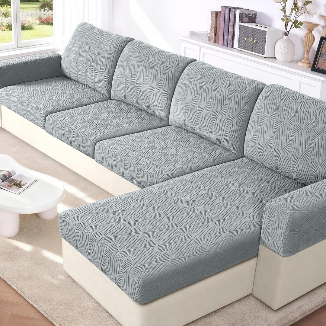 VANSOFY Couch Cushion Covers for Sectional Sofa, Stretch Jacquard Couch Seat Cushion Covers, Individual Washable Furniture Protector Sofa Slipcovers for Pet (1Pc Chaise Cover, Light Gray)