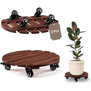 THYOI 2 Pack 14 Acacia Wood Plant Caddy with Lockable 360 Caster Wheels, 300 LB Heavy Duty Rolling Stand for Indoor Outdoor Planter Pots, Wooden Dolly for Patio (Dark Brown, Round)