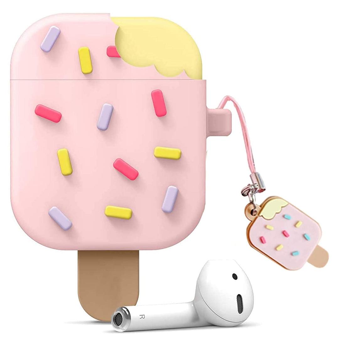 Airpods 2 &1 Cute Silicone Case Cover with Keychain, 360° Protective Case Compatible with Apple Airpod 1st and 2D Generation case (Ice Cream Pink)  4 Pack
