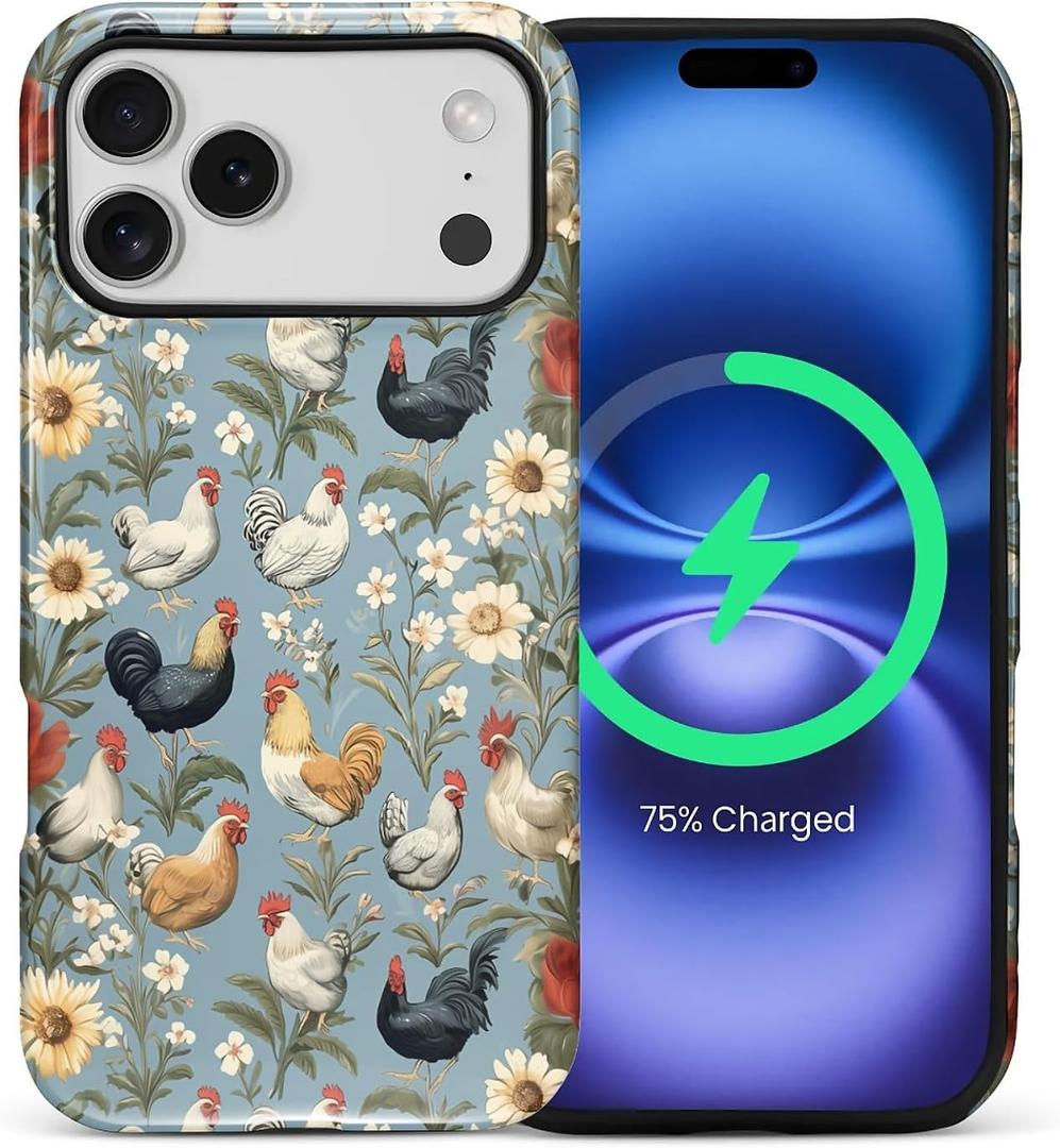iPhone 17 Pro Max Case for MagSafe Non Slip Hard Shell Acrylic and Silicone Soft Shell Combination Phone Style 2-in-1 Vintage Farm Animal Chicken Lover Pattern