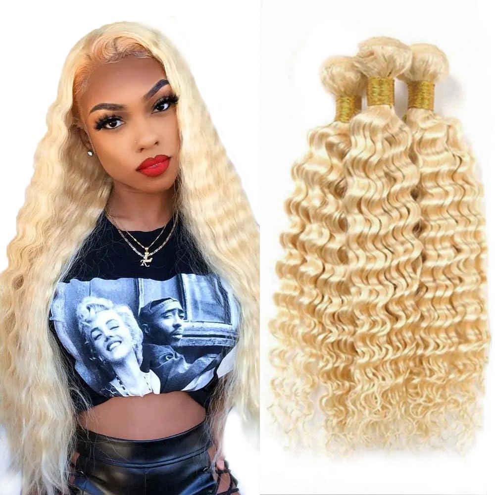613 Bundles Human Hair Blonde Deep Wave Bundle 12 14 16 Inch Brazilian Virgin Mixed Length 3 Bundles 613 Deep Wave Bundle Hair Weave 300g