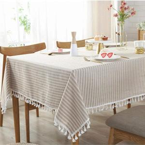 Bringsine Stripe Tassel Tablecloth Cotton Linen Stain Resistant Dust-Proof Table Cloth Cover for Kitchen Dinning Tabletop Decoration (Rectangle/Oblong,55 x 71 Inch)