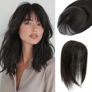 S-noilite Human Hair Topper with Bangs 3603D Cover Toppers Hairpieces for Women Bangs Hair Clip Jet Black 12inch