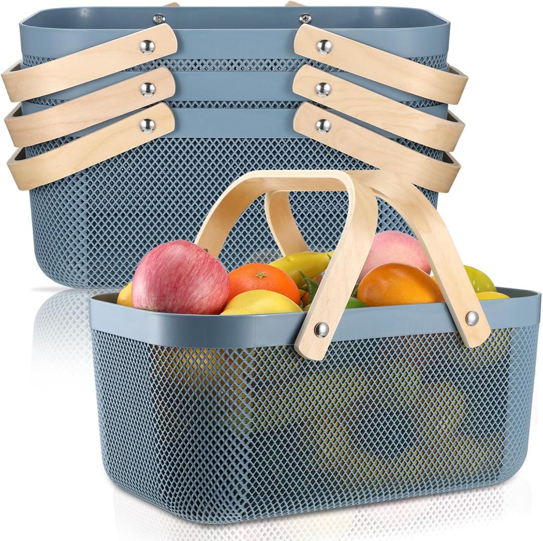 Sadnyy 4 Pcs Plastic Mesh Garden Harvest Basket Storage Basket with Wooden Handle Multi Functional Mesh Bin for Kitchen Cabinet Picnic Fruit Vegetable Gathering Organizer(Large,Blue)
