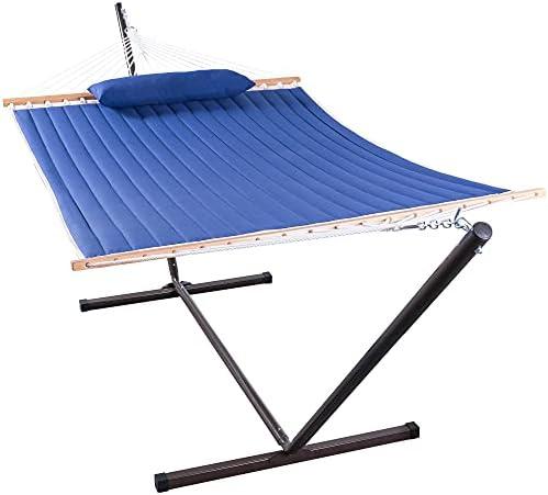 Lazy Daze Quilted Fabric Hammock with 12-Foot Stand, Double 2-Person Hammock with Pillow for Outdoor Outside Patio, Garden, Backyard, 450LB Capacity, Royal Blue