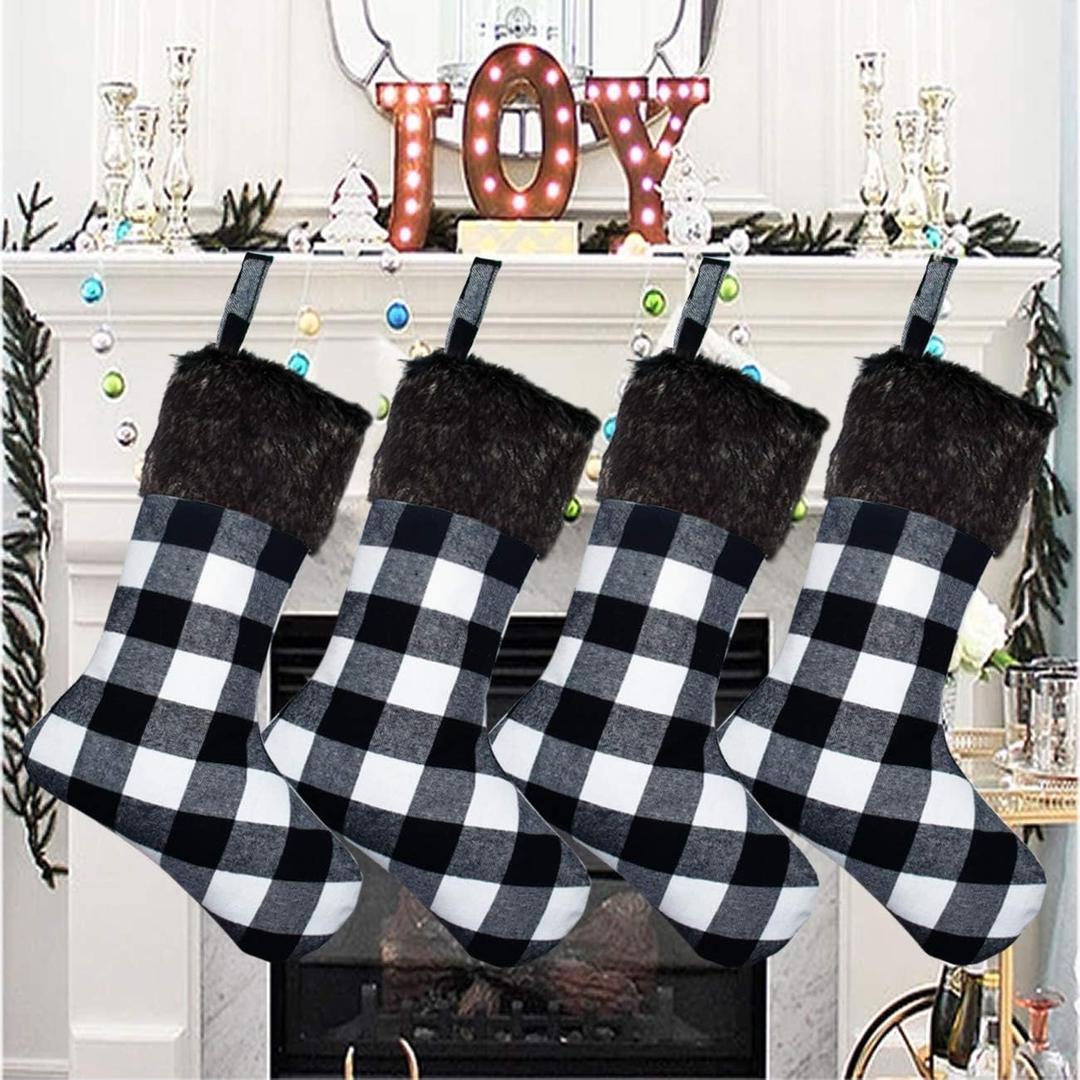 Senneny Christmas Stockings- 4 Pack 18" Black White Buffalo Plaid Christmas Stockings with Plush Faux Fur Cuff, Classic Large Christmas Stockings Decorations for Family Christmas Holiday Party Decor