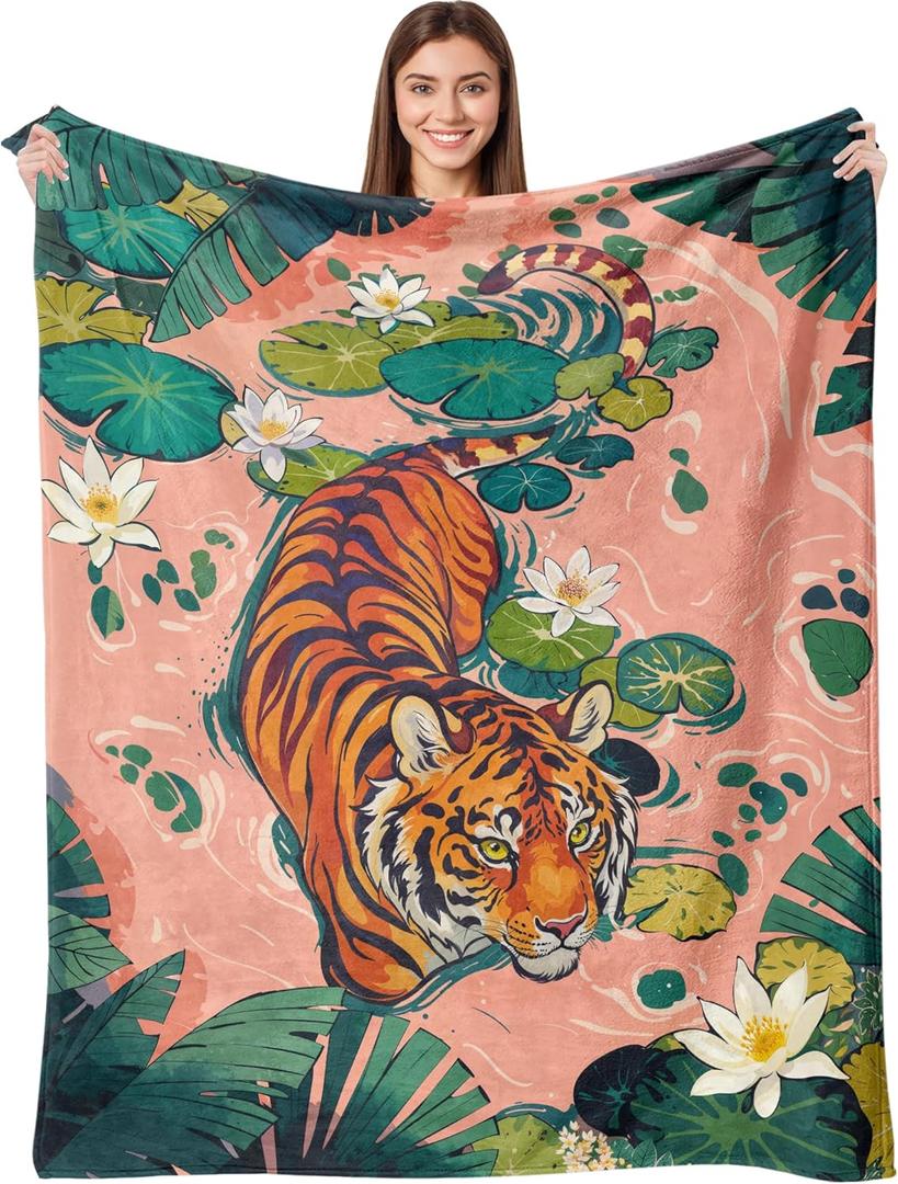 Tiger Blanket 50"x 60", Boho Vintage Tiger Print Water Lilies Tropical Flower Throw Blanket, Pink Green Soft Cozy Lightweight Flannel Throws Blankets Gifts for Women Men Couch Bed Sofa Chair Decor
