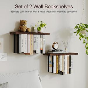 BUTUNITA Floating Bookshelves for Wall, Rustic Wood Hanging Wall Bookshelf, Upside Down Book Shelf and Wall Mounted Bookshelves for Home Decor in Bedroom, Living Room, Carbonized, 2 Pack, Color: Carbonized Brown