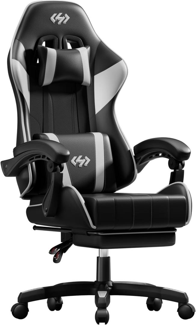 HLDIRECT Gaming Chair with Footrest, Lumbar Support & Headrest, Black&White, Standard