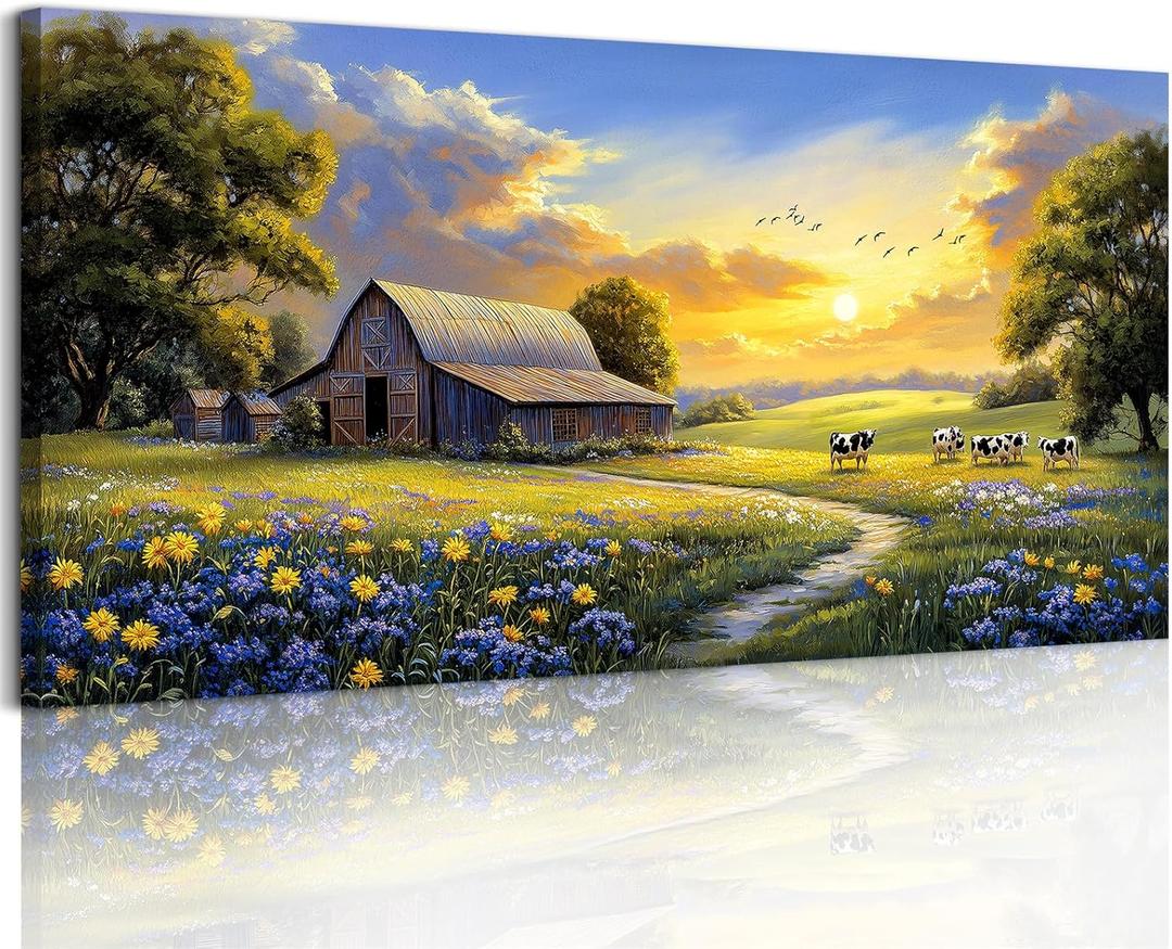 crmotu Rustic Nature Landscape Wall Art, Animal Cow Cottage Large Artwork, Country Meadow Wildflower Canvas Prints, Farm Sunset Aesthetic Pictures Wall Decor Living Room Bedroom Farmhouse 24X48 In