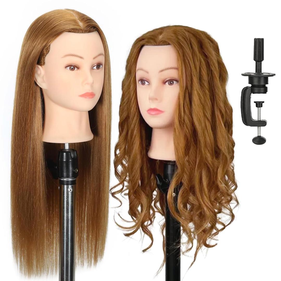 22" MQHIHI Mannequin Head Human Hair Cosmetology Manikin Doll Head with 80% Real Hair for Hairdresser Practice Cutting Braiding Hair Styling with Clamp Holder and Tools (Light Brown)
