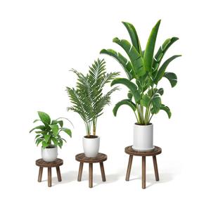 3-Pack Wood Plant Stands Indoor, Single Plant Stand for 6-12 Inch Pots, Mid-Century Modern Plant Stool, Tall Plant Stand for Large Plants for Living Room, Balcony, Office (Dark Brown)