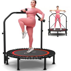 ANCHEER 48" Foldable Rebounder Trampoline for Adults/Kids with Resistance Bands and Bungees, Indoor & Outdoor Mini Trampoline with Bar and Safety Padding - Max Load 450lbs (Deep Red)