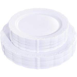 U-QE 60PCS White-Plastic-Plates for Party - High End Disposable Plates for Weddings - White Plates Disposable Heavy Duty Including 30PCS 10.25'' Dinner Plates & 30PCS 7.5'' Dessert Plates