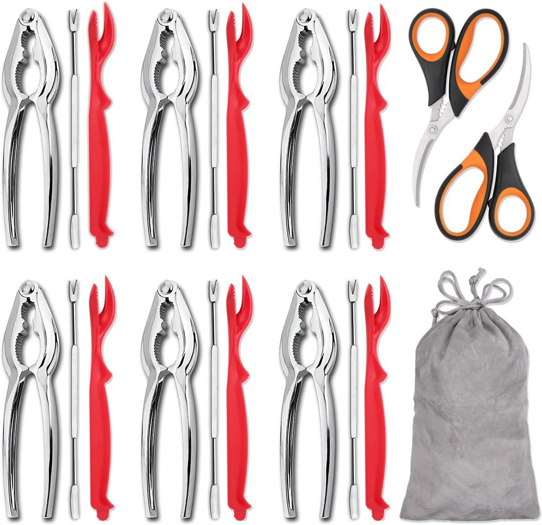 Hiware 20-piece Seafood Tools Set includes 6 Crab Crackers, 6 Lobster Shellers, 6 Crab Leg Forks/Picks and 2 Seafood Scissors & Storage Bag - Nut Cracker Set (Gray)