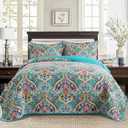 BEDISELY Quilts Queen Size, Soft Cotton Queen Quilt Bedding Set, Damask Bedspread Queen Size-Lightweight Reversible Bedspread Coverlet Suitable for All Season (90 X 98 Inch, Teal) (Boho)