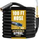 Hydrosteel PRO 100 Ft Metal Garden Hose with Nozzle, Water Hose Made from Heavy Duty 304 Stainless Steel, Flexible, Lightweight, Brass Crush Resistant Fittings, Kink Free, 5/8 Diameter, 600 PSI