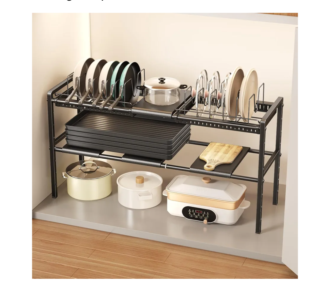 Mustorn Pots and Pans Organizer Under Cabinet, Expandable 2 Tier Under Sink Organizers and Storage Adjustable Height Kitchen Pot and Pan Lid Holder Rack with 12 Dividers Under Cabinet Shelf(Black)