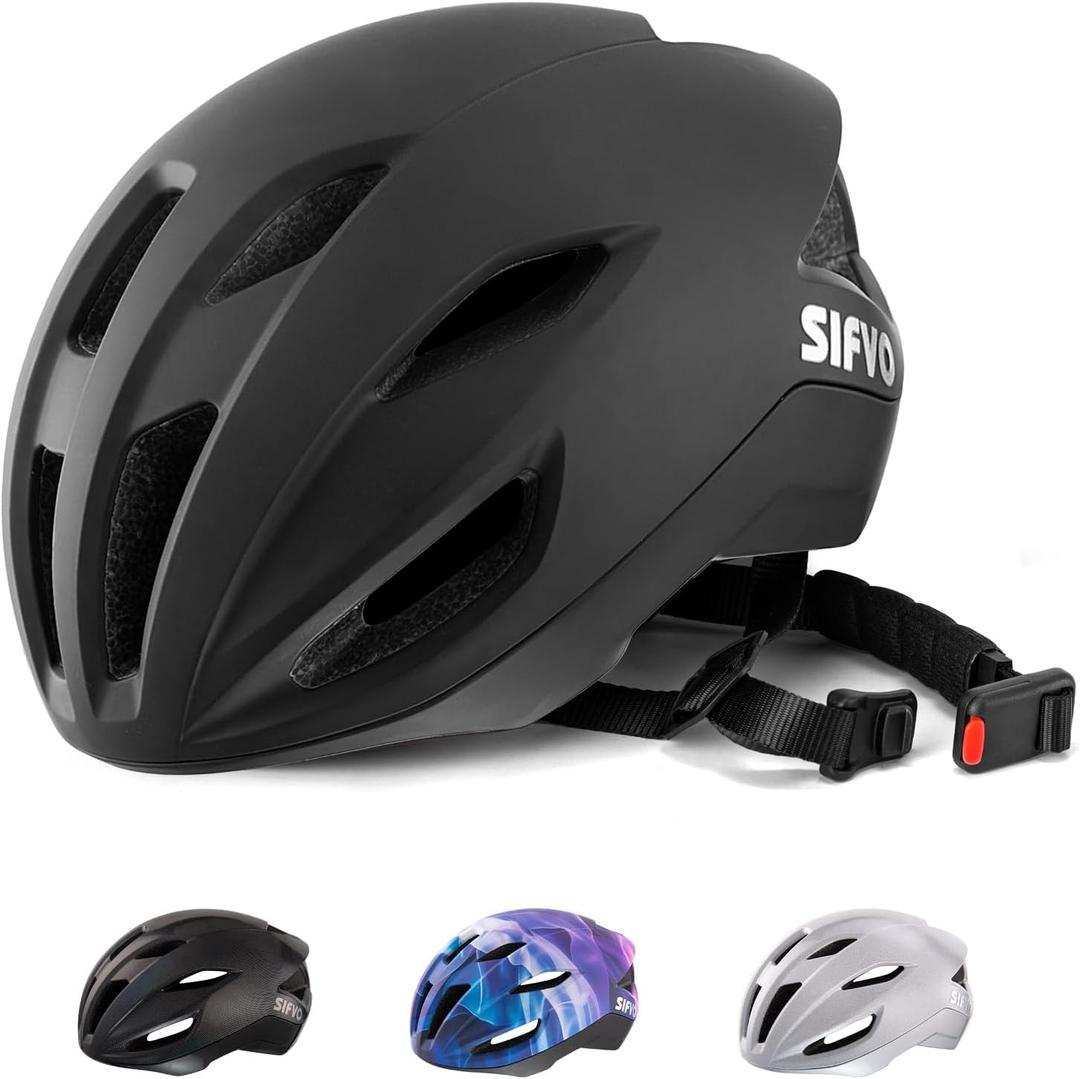 Adult Bike Helmet, SIFVO Road Bike Helmet Adjustable 55-58cm, Magnetic Buckle Lightweight Cycle Helmet for Men and Women Commuting Cycling Scooter Helmet (Black Matte)
