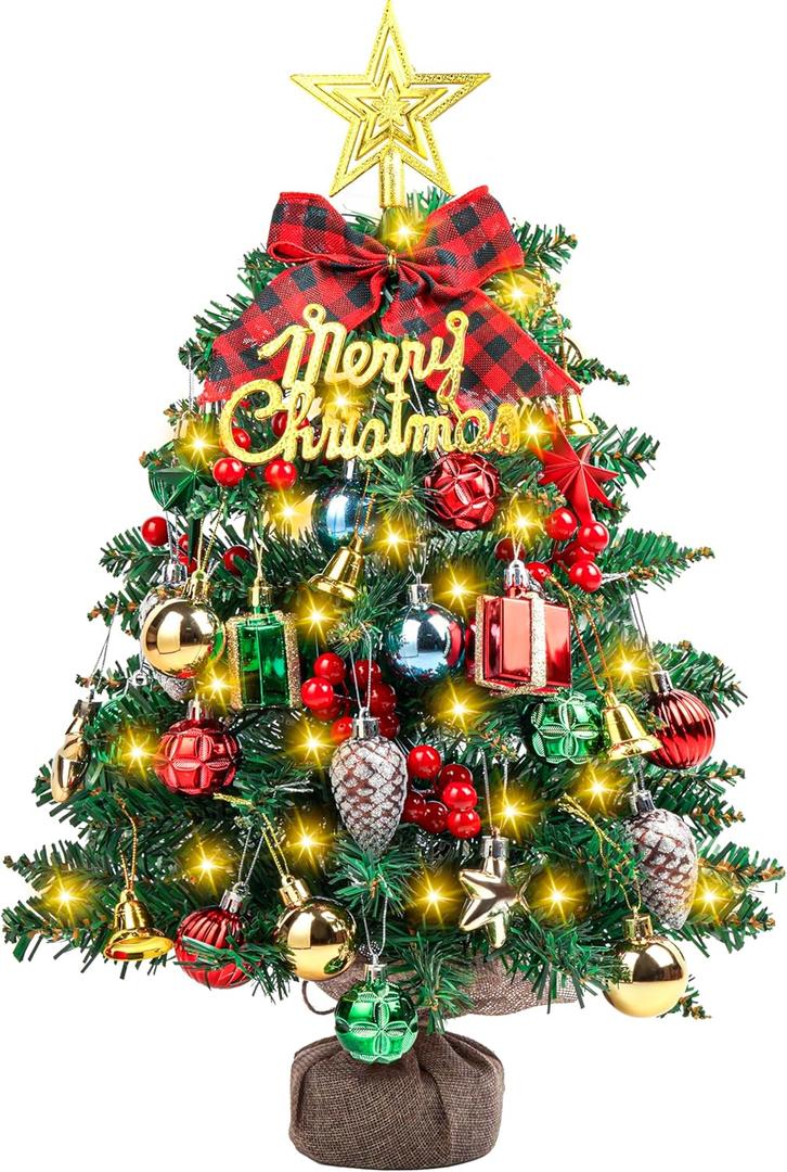 SVNVIOZ 2FT Small Tabletop Mini Artificial Christmas Tree with Lights, Red Green Ornaments - Xmas Tree for Holiday Home Decoration