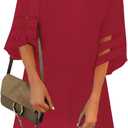 LookbookStore Women Casual Crewneck Mesh Panel 3/4 Bell Sleeve Loose Tunic Dress (Large, Savvy Red)