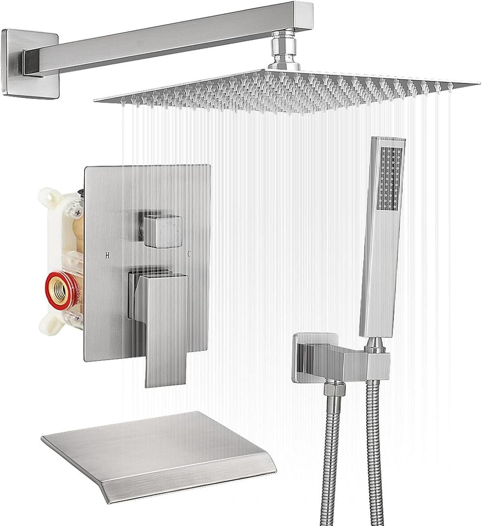 BWE Shower System with Waterfall Tub Spout Shower Faucet Set 10 Inch Square Brushed Nickel Rain Shower Head Bathroom Luxury Wall Mounted Shower Combo Set Rough-in Valve Body and Trim Included