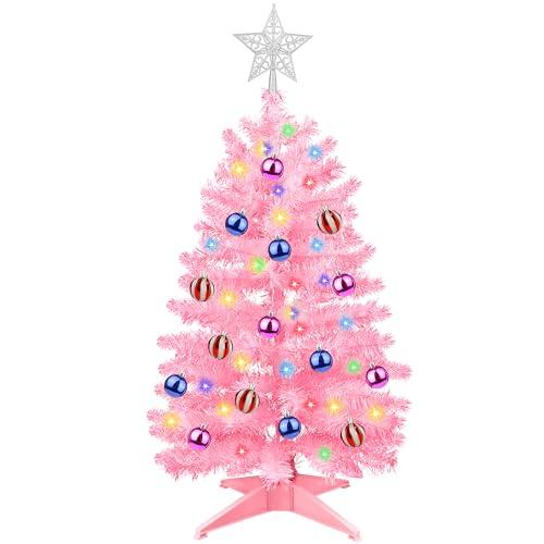3FT Pink Christmas Tree Tinsel with 50 Warm White & Multi Color Fariy Light 3D Star 15 Ball Ornament, 12 Light Modes Timer Battery Operated Small Artificial Full Xmas Tree Table Indoor Holiday Decor